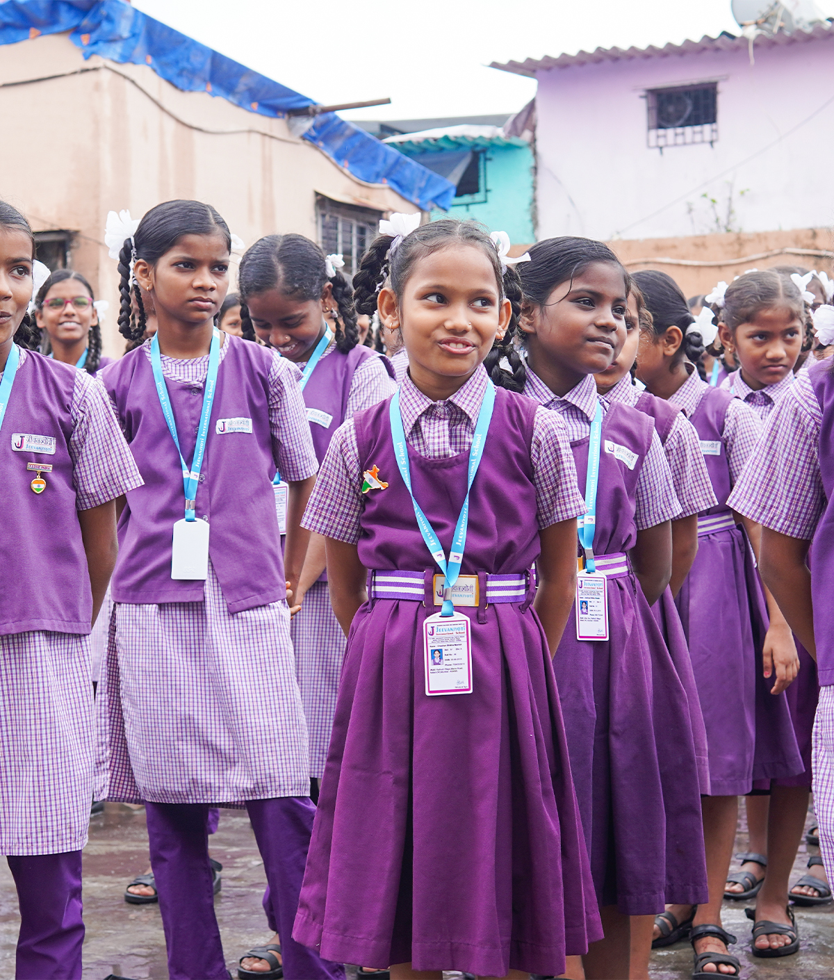 Group of school children outside classroom